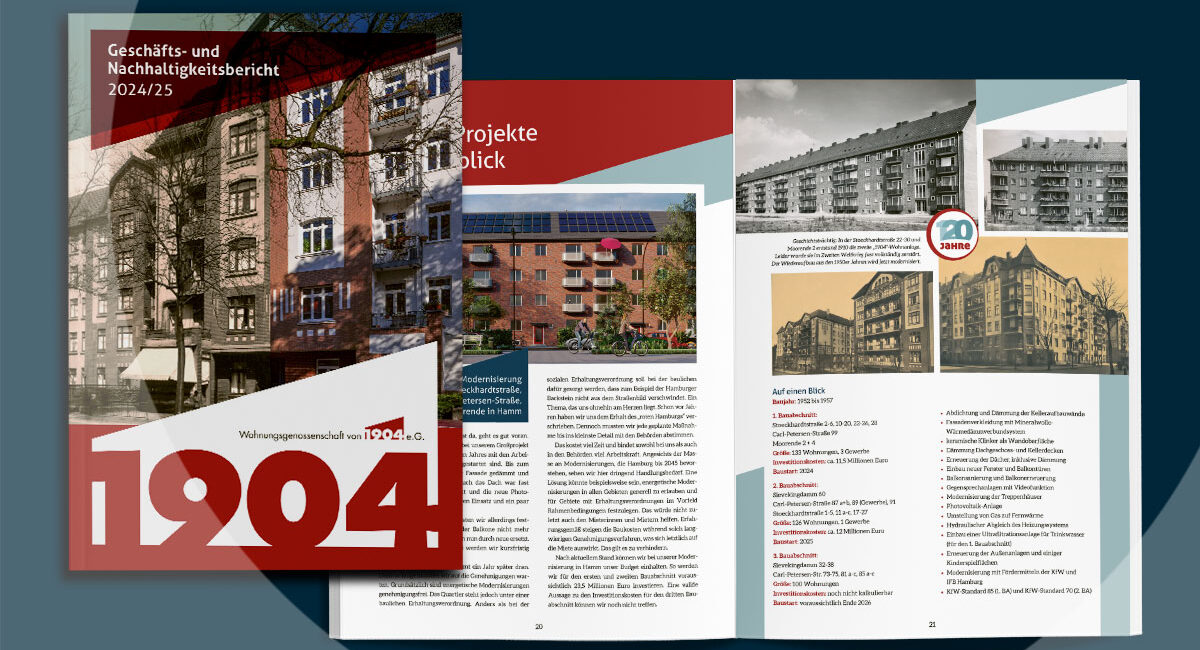 Titel des Geschäfts- und Nachhaltigkeitsberichts der Wohnunggenossenschaft von 1904